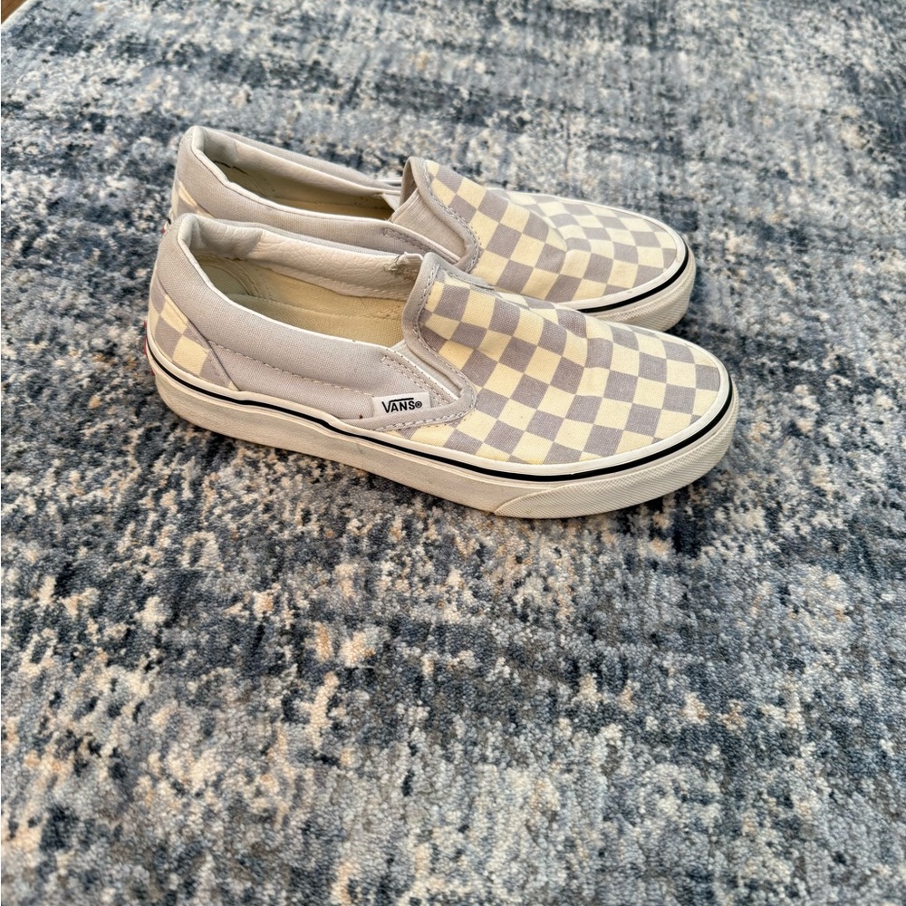 Vans Cream and Gray Checkered Slip-Ons